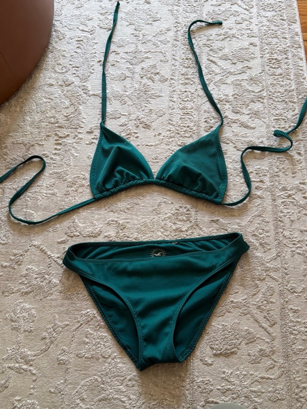 Hollister Dark Teal Ribbed Triangle Bikini Set